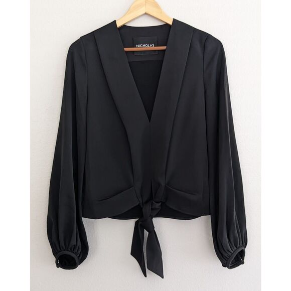 Nicholas The Label Tie Front Blouse Satin Crepe Balloon Long Sleeve Black US 2 - Picture 2 of 5